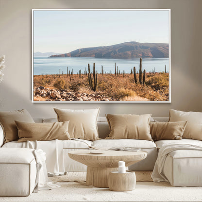 Warm desert landscape with cacti and coastal mountains, perfect for southwestern or earthy calm-themed home wall decor.
