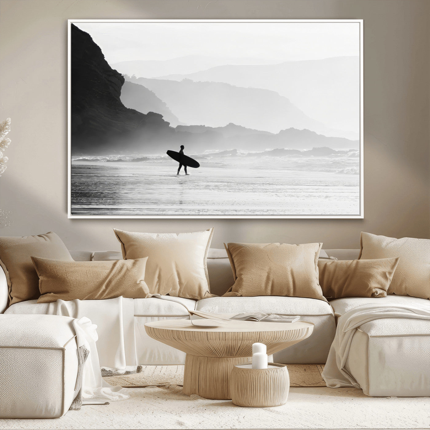A lone surfer walking along a misty beach with cliffs in the background, carrying their board, capturing a serene and minimal ocean moment.