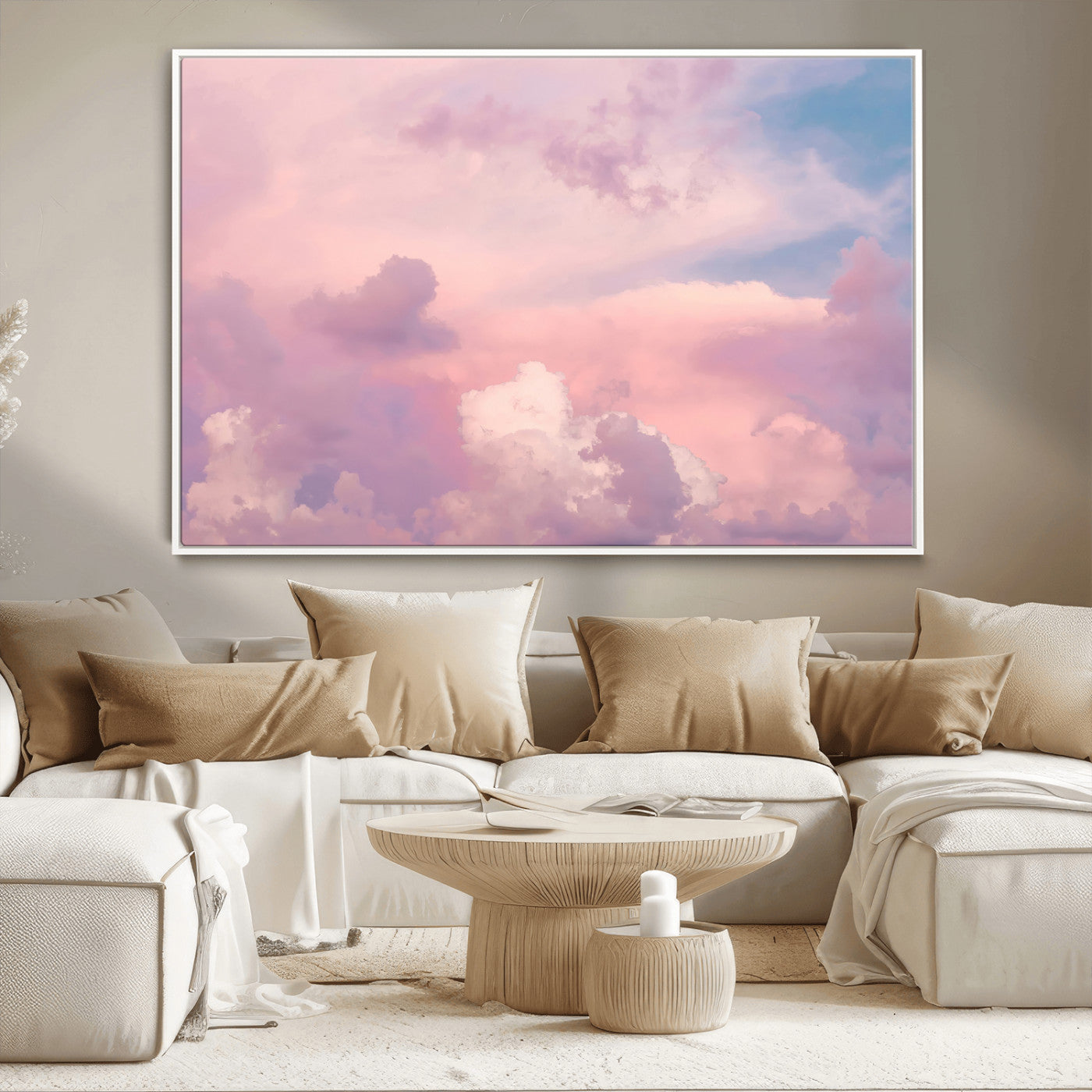 Soft pastel-colored clouds in shades of pink, purple, and blue, creating a dreamy and serene sky perfect for a calming decor touch.