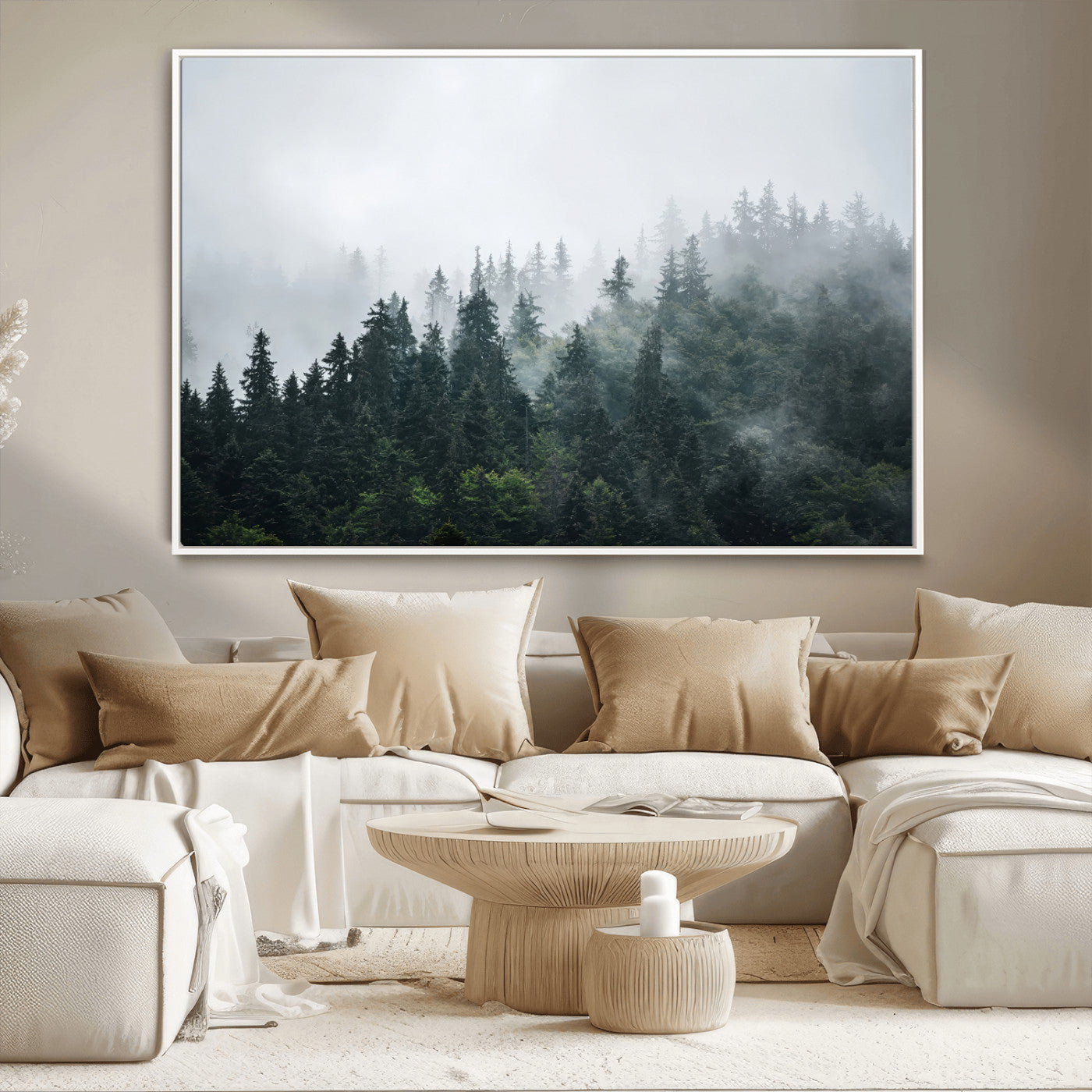 A misty evergreen forest shrouded in soft fog, creating a tranquil and moody landscape with lush green trees fading into the distance.