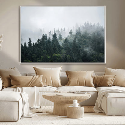 A misty evergreen forest shrouded in soft fog, creating a tranquil and moody landscape with lush green trees fading into the distance.
