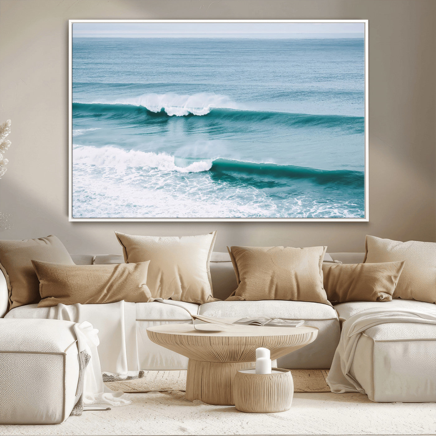 Powerful ocean waves rolling towards the shore, their turquoise hues blending with white sea foam under an open horizon, capturing the essence of the ocean's movement.