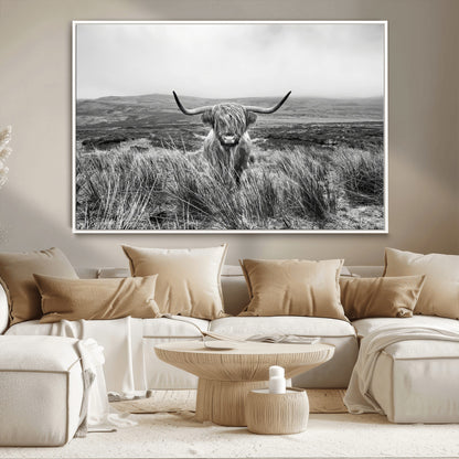 A black and white portrait of a Highland cow in a foggy Scottish countryside, capturing a rustic aesthetic and tranquil farm escape.