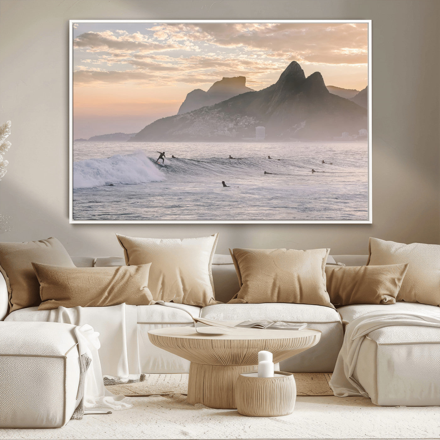 A surfer rides a golden hour wave near misty coastal mountains, surrounded by fellow surfers, capturing the spirit of a coastal adventure.