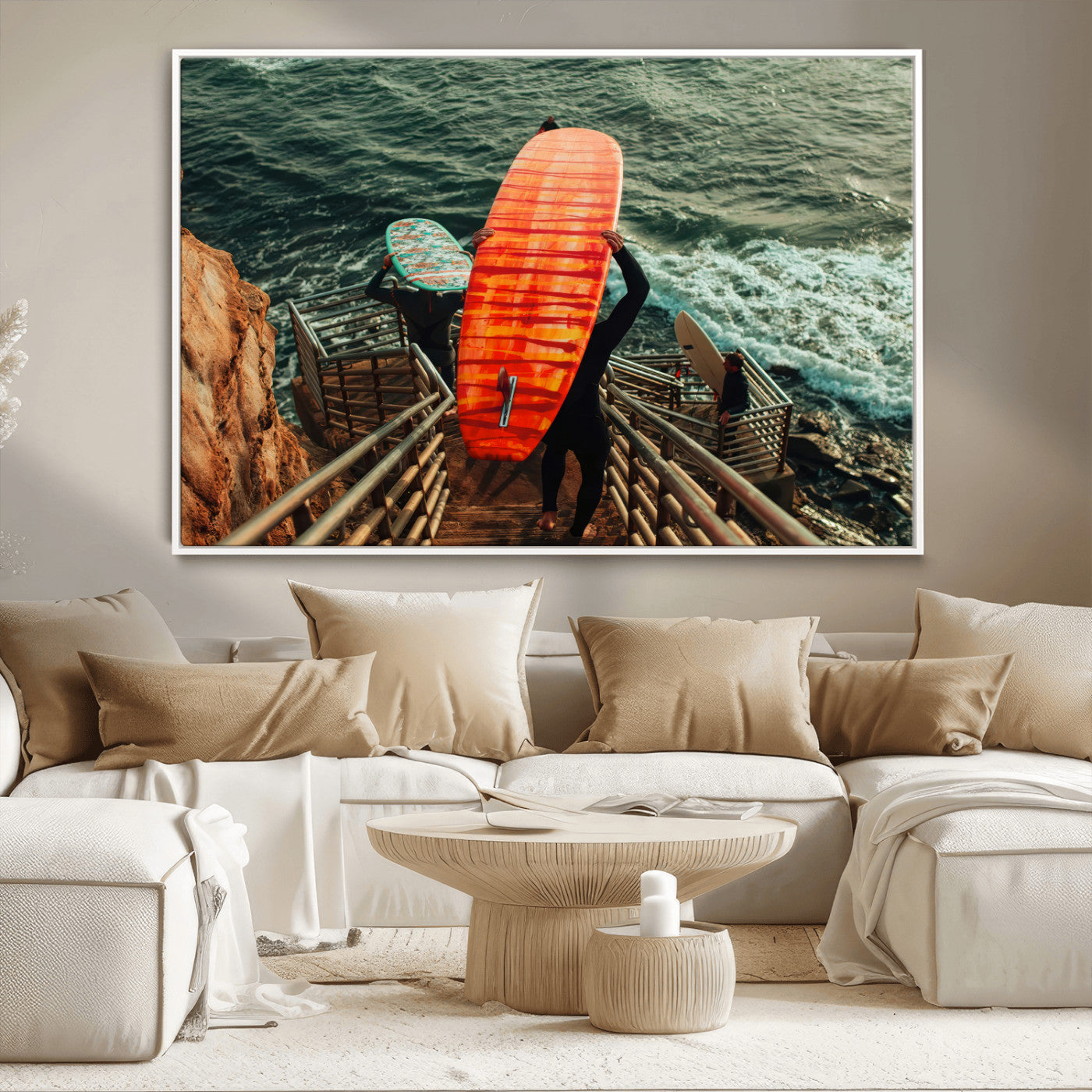 A surfer carrying a bold orange surfboard down a rugged staircase toward the ocean, bathed in golden hour light, capturing the energy of coastal adventure.