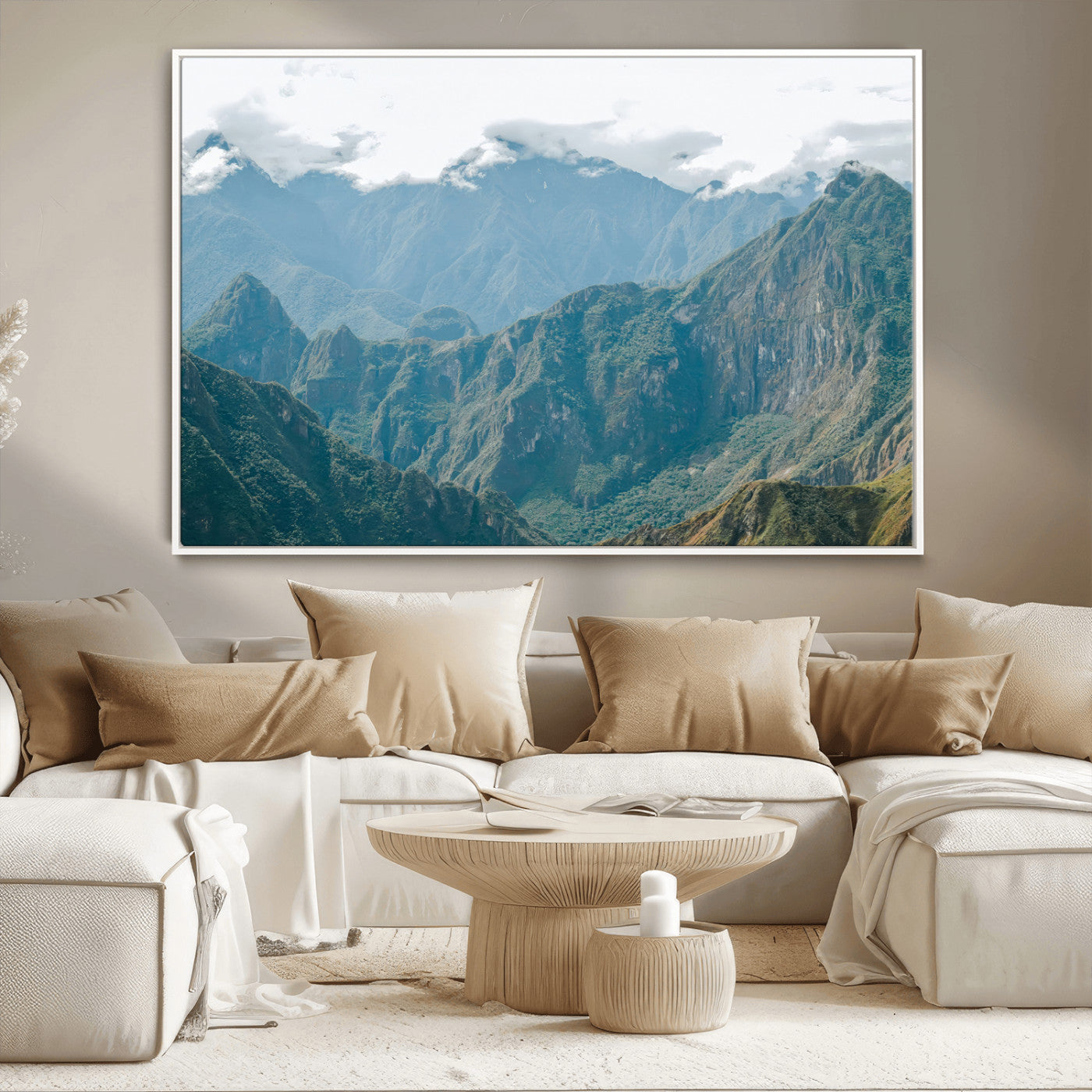 A misty mountain landscape with cloud-covered Andean peaks and lush green valleys, creating a dramatic and serene view, perfect for rustic or nature-inspired home decor.