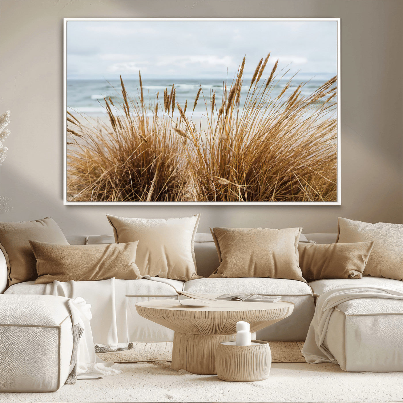 Canvas of golden beach grass swaying by the ocean under a soft cloudy sky, perfect for neutral-toned or coastal minimalist decor.