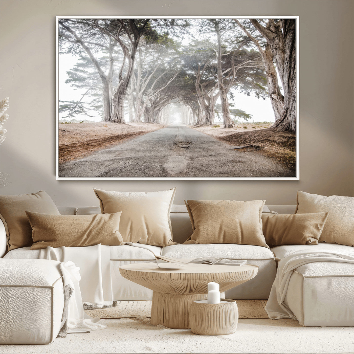 Canvas of a misty tree tunnel with arching cypress trees and an earthy road, ideal for rustic or coastal nature decor.