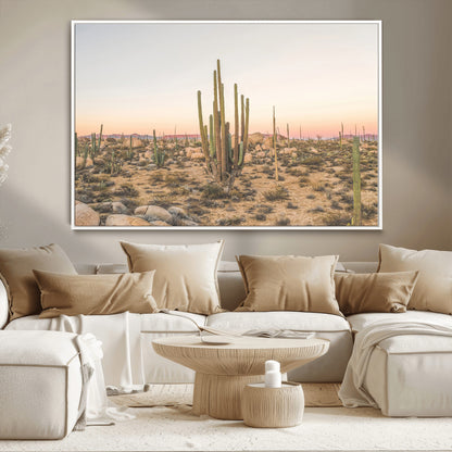Canvas of tall desert cacti in warm sunset tones over a rocky Baja landscape, ideal for earthy or Southwestern-style home decor.
