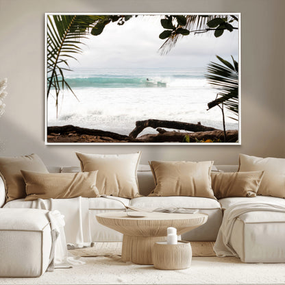 Tropical beach view with palm trees and surfer riding a wave, perfect for boho or coastal-inspired interior wall decor.