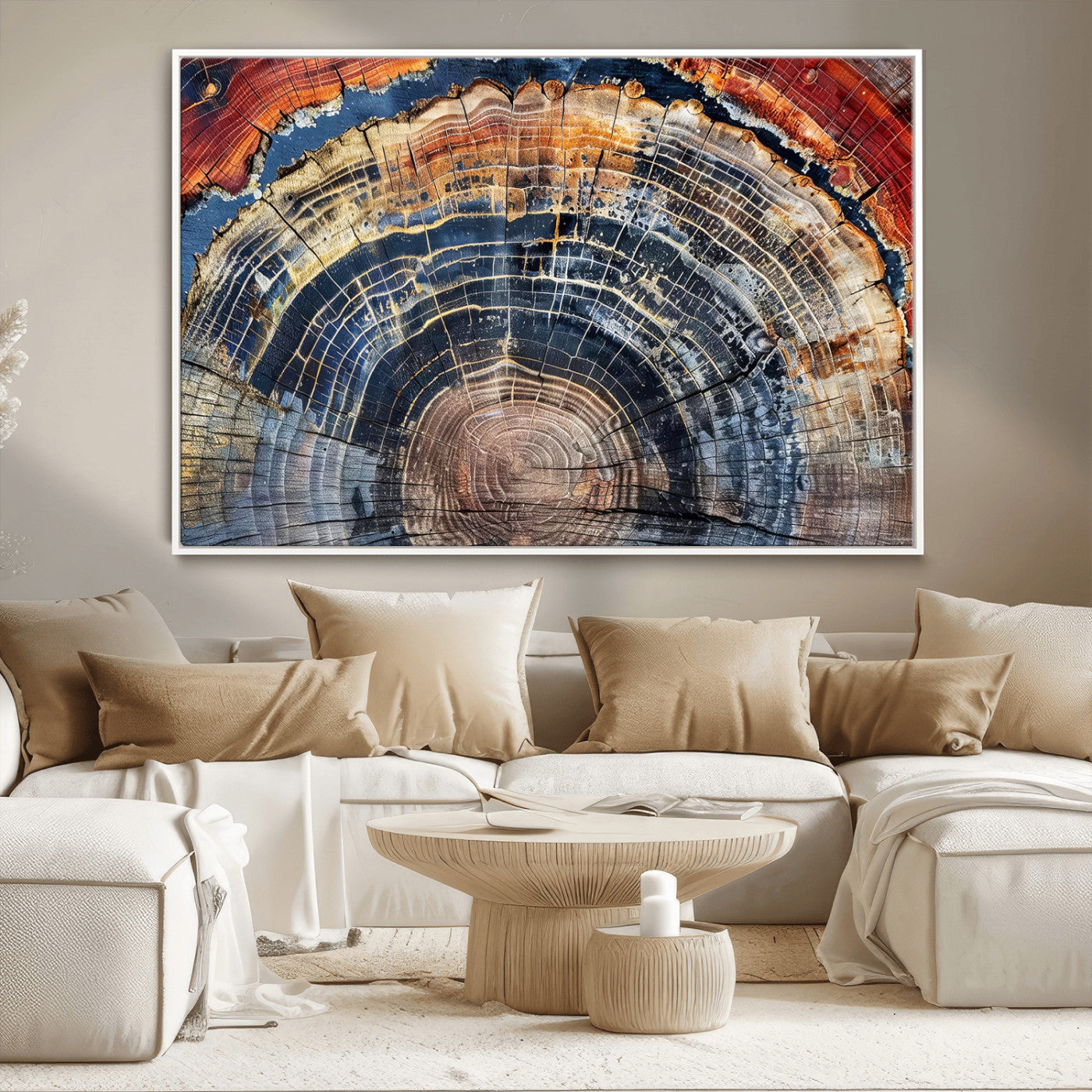 Vibrant tree ring with orange, brown, and blue tones in abstract detail, perfect for rustic or boho-inspired wall decor.