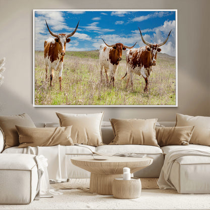 Three Texas longhorn cattle standing in dry grass under a bright blue sky, ideal for farmhouse or western rustic home decor.