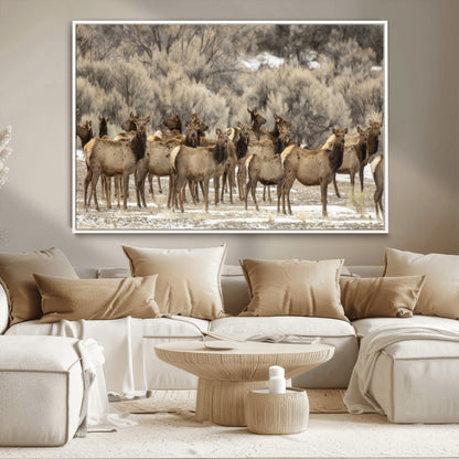 A large herd of elk standing in an open field with soft earthy tones, ideal for rustic lodge or western-themed home wall decor.