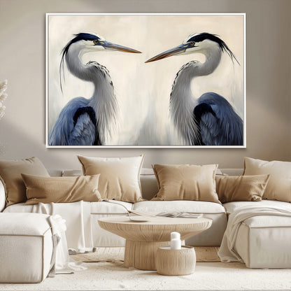 Two blue herons facing each other on a soft neutral background, ideal for coastal, tranquil, or nature-inspired minimalist interiors.