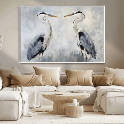 Two herons facing each other on a soft-toned background with blue-grey feathers, perfect for tranquil, coastal or nature-themed interiors.