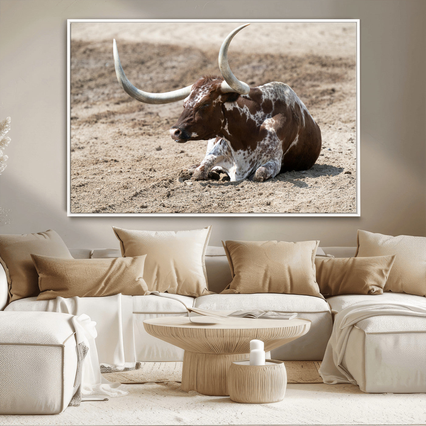 Texas Longhorn Wall Art Canvas Print, Framed Country Living Art Picture Print, Farmhouse Aesthetic Perfect Western Rustic Decor Artwork