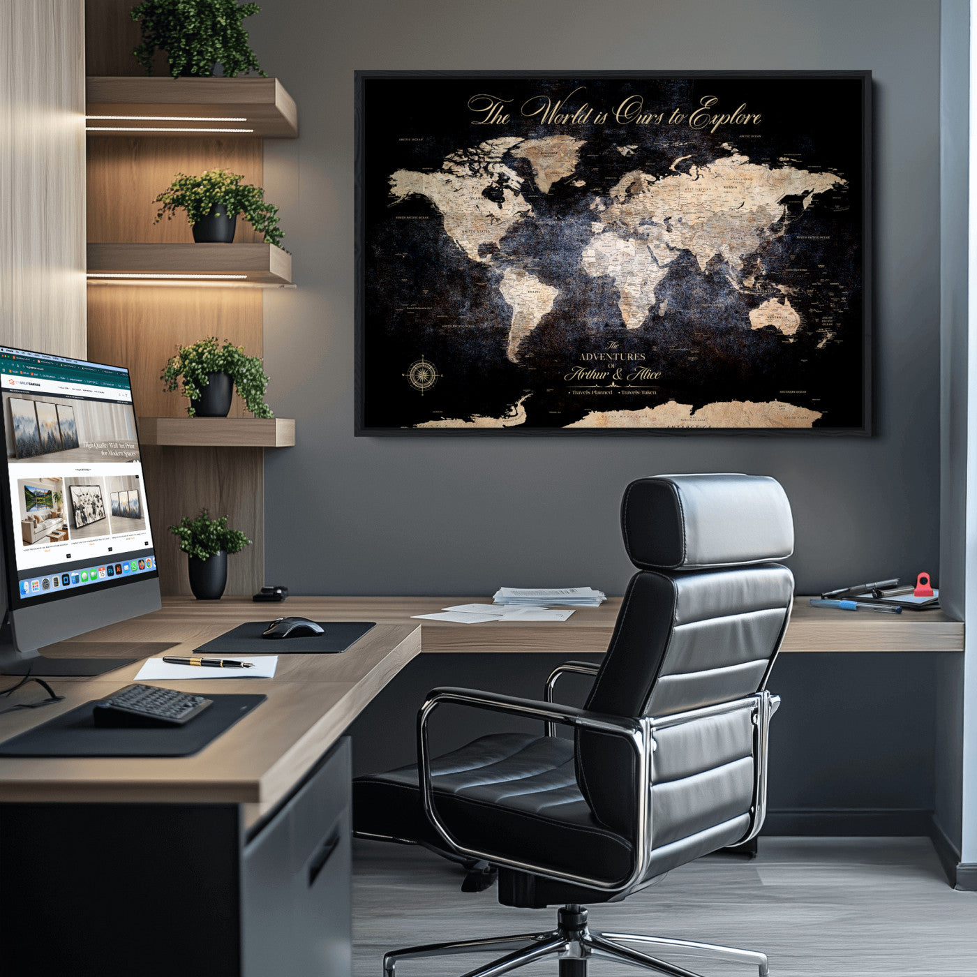 '-Customize Push Pin World Map Wall Canvas Print, Personalized Travel Tracker with Pins, Framed Large Canvas for Home Office Decor - H37