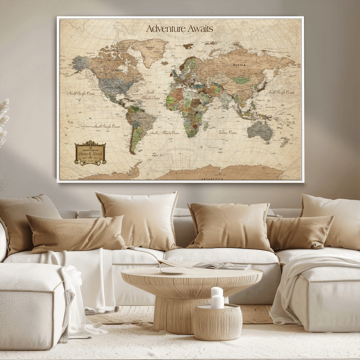 Custom Push Pin World Map Wall Canvas Print – Personalized Travel Tracker with Pins – Framed Custom Quotie Canvas for Home Office Decor