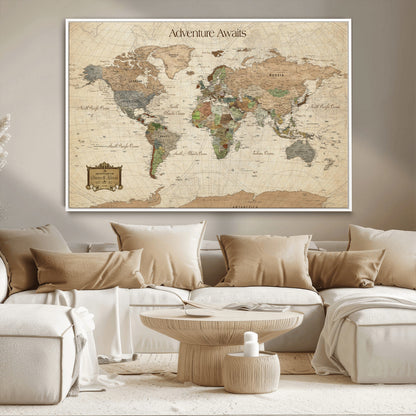 Custom Push Pin World Map Wall Canvas Print – Personalized Travel Tracker with Pins – Framed Custom Quotie Canvas for Home Office Decor