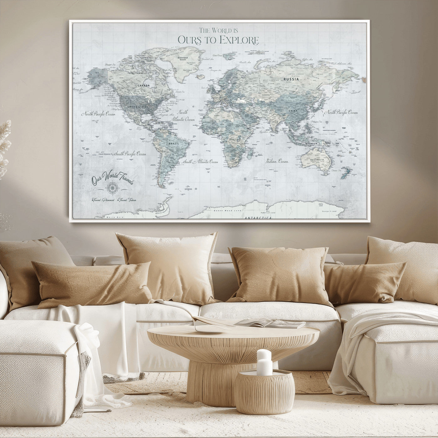Custom Push Pin World Map Wall Canvas Print – Personalized Travel Tracker with Pins – Framed Custom Quotie Canvas for Home Office Decor