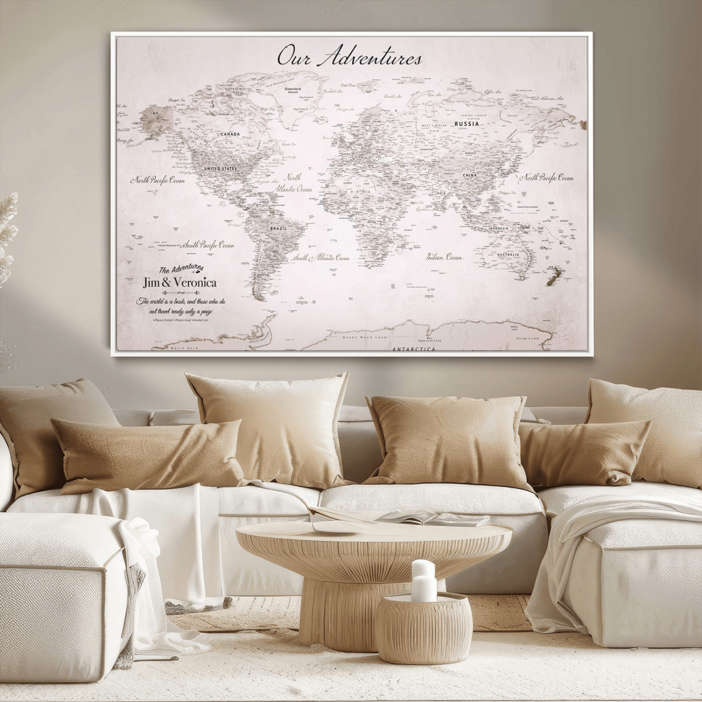 Customize Push Pin World Map Wall Canvas Print – Personalized Travel Map with Foam Pins – Framed Custom Quotie Canvas for Home Office Decor