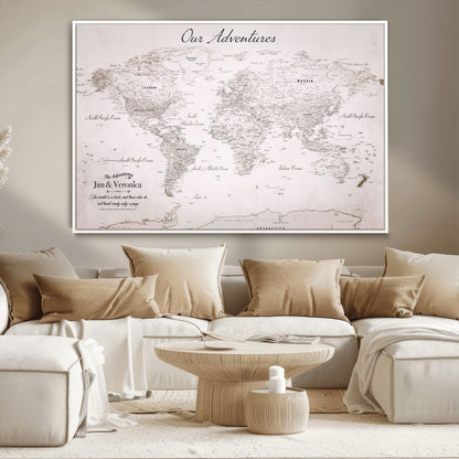 Customize Push Pin World Map Wall Canvas Print – Personalized Travel Map with Foam Pins – Framed Custom Quotie Canvas for Home Office Decor