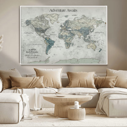 Customize Push Pin World Map Wall Canvas Print – Personalized Travel Tracker with Pins – Framed Custom Quotie Canvas for Home Office Decor