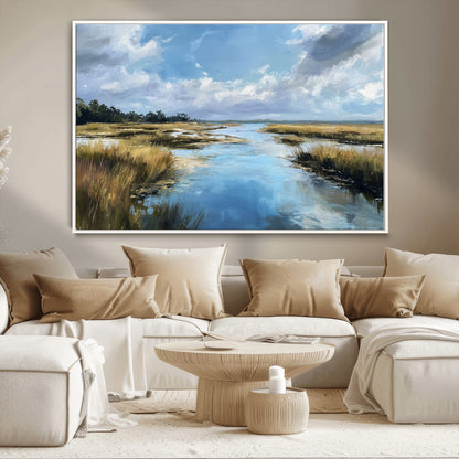 A beautiful, painterly landscape of a calm river winding through a marsh, with vibrant green grasses and a bright blue sky filled with fluffy clouds.