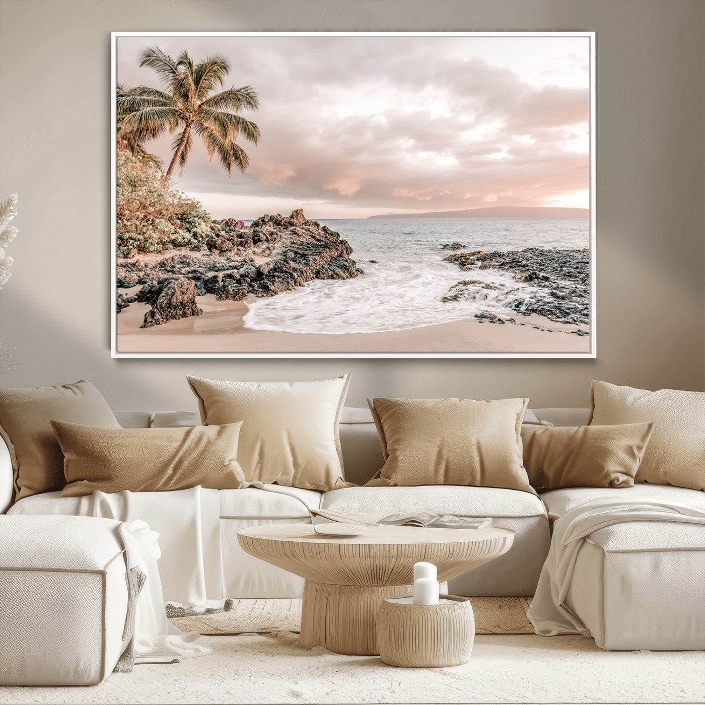 A peaceful beach scene with a palm tree and rocks, soft waves washing onto the shore under a soft pastel sky at sunset.