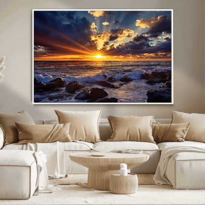 An explosive sunset over the ocean with dramatic clouds and rays of sunlight reflecting off the water, creating a vibrant and captivating view.
