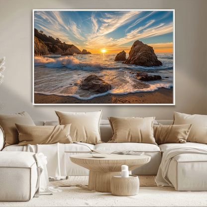 Rocky Ocean Sunset Wall Art Print, Seaside Canvas Wall Art, Dramatic Seascape Canvas Print for Coastal Modern Decor, Ocean Sunset Art Printing