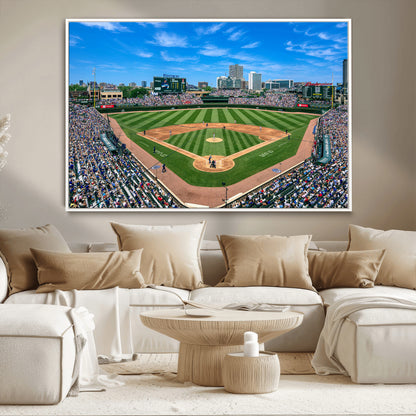 Wrigley Field Baseball Stadium Canvas Wall Art, Packed Crowd Sports Stadium Print, City Skyline Baseball Field Canvas for Game Room Decor