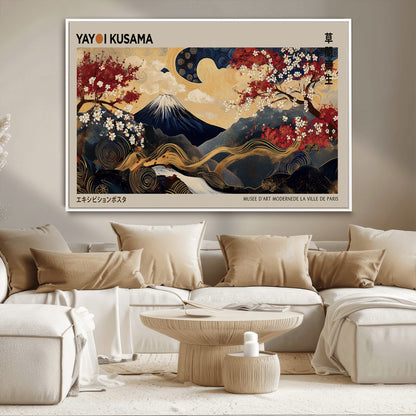 Yayoi Kusama's artwork featuring Mount Fuji, blooming cherry trees, and intricate swirls, blending traditional Japanese elements with vibrant color.