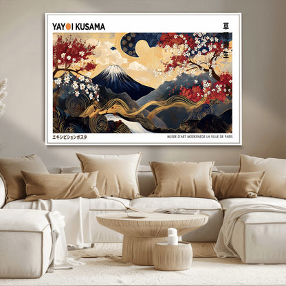 An artwork by Yayoi Kusama featuring Mount Fuji, blooming cherry blossoms, and swirling patterns in a harmonious blend of nature and art.