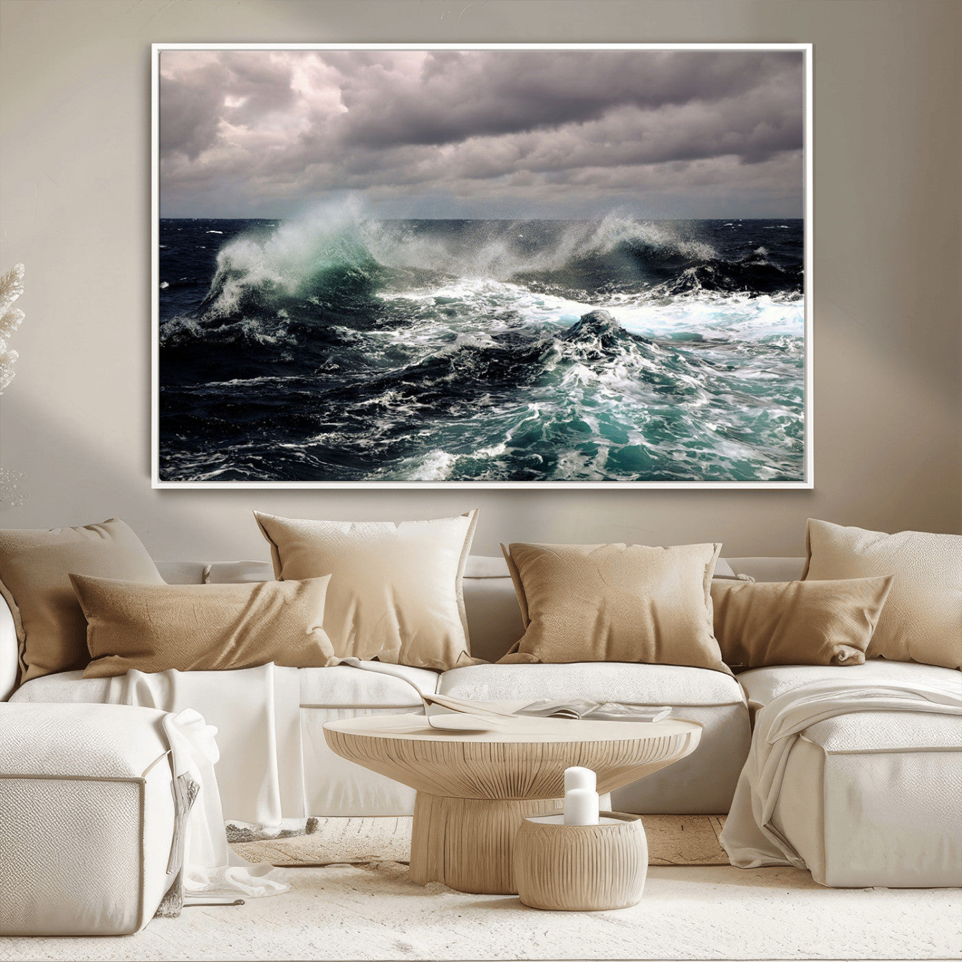 Powerful ocean waves crashing under stormy skies, creating a dynamic and intense seascape.