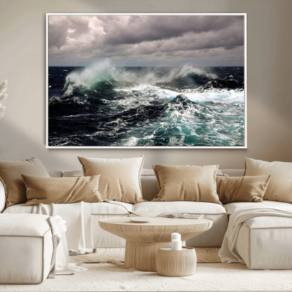 Powerful ocean waves crashing under stormy skies, creating a dynamic and intense seascape.