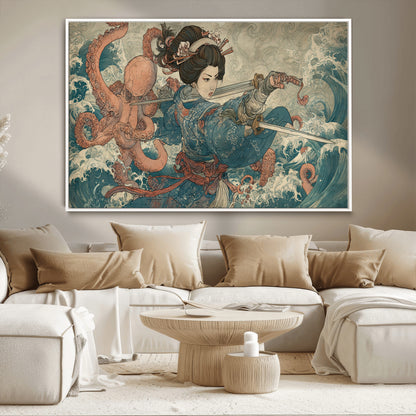 Tsukioka Yoshitoshi Samurai Wall Art Print, Japanese Katana Warrior Canvas Wall Art, Octopus Sea Monster Canvas Print,