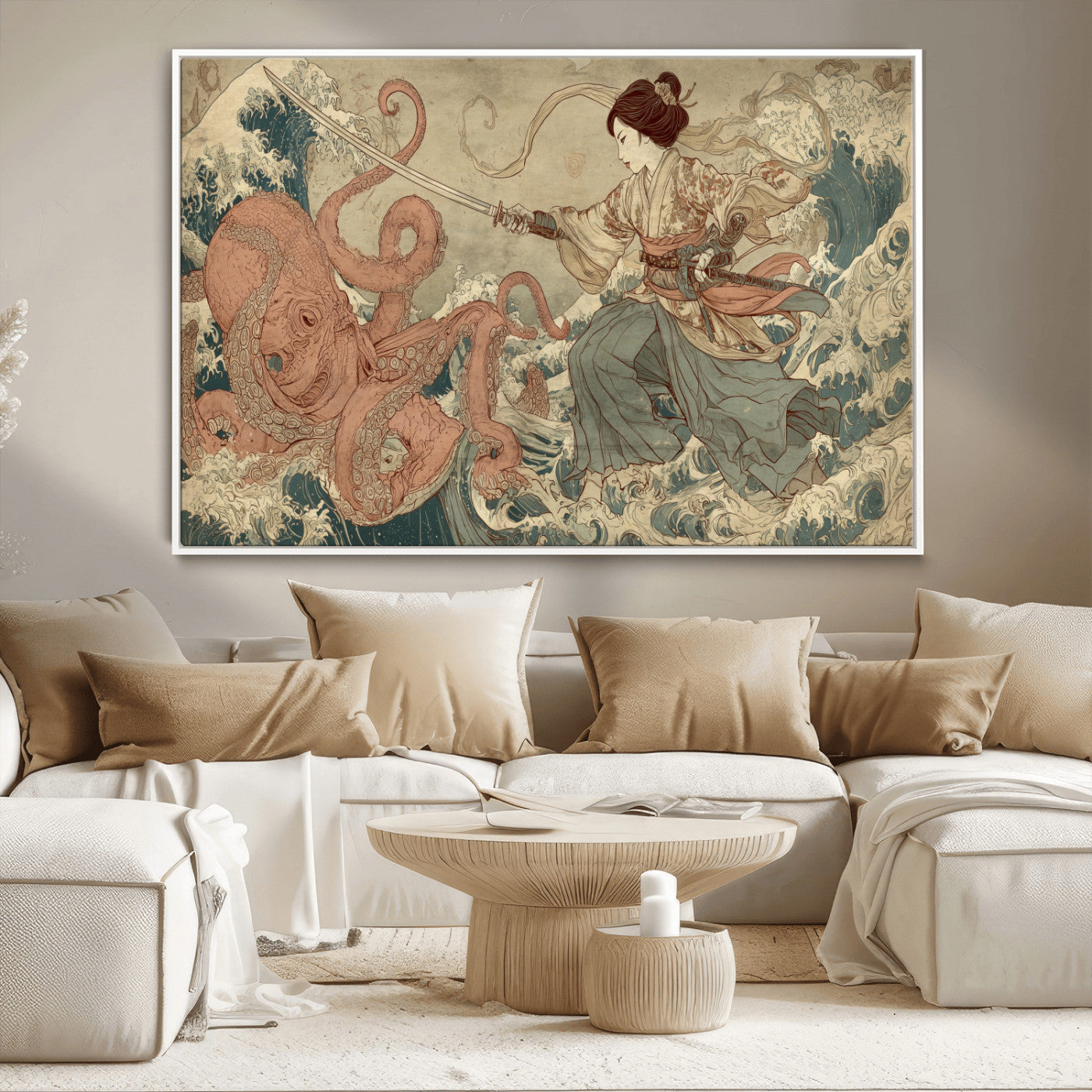 Tsukioka Yoshitoshi Samurai Wall Art Print, Japanese Katana Warrior Canvas Wall Art, Octopus Sea Monster Canvas Print,