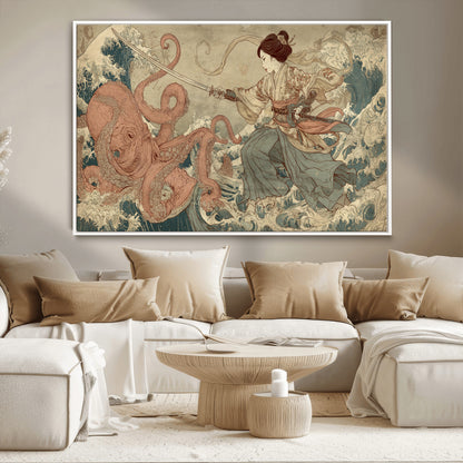 Tsukioka Yoshitoshi Samurai Wall Art Print, Japanese Katana Warrior Canvas Wall Art, Octopus Sea Monster Canvas Print,
