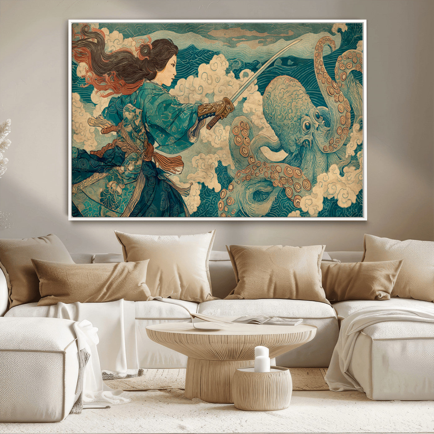 Tsukioka Yoshitoshi Samurai Wall Art Print, Japanese Katana Warrior Canvas Wall Art, Octopus Sea Monster Canvas Print,