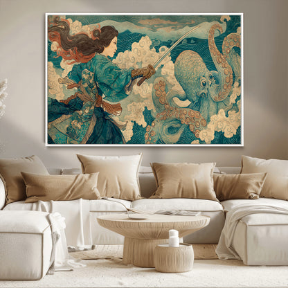 Tsukioka Yoshitoshi Samurai Wall Art Print, Japanese Katana Warrior Canvas Wall Art, Octopus Sea Monster Canvas Print,
