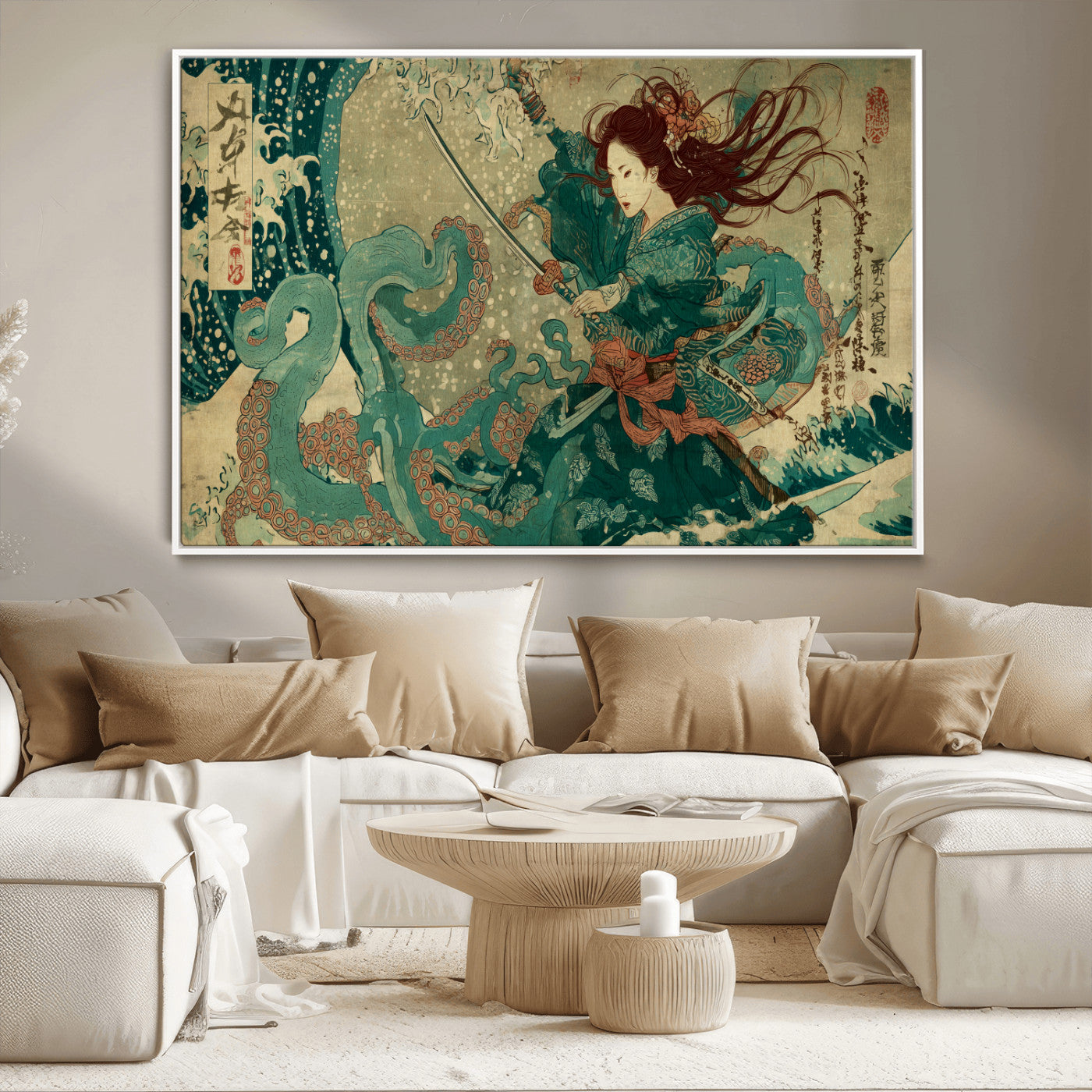 Tsukioka Yoshitoshi Samurai Wall Art Print, Japanese Katana Warrior Canvas Wall Art, Octopus Sea Monster Canvas Print,