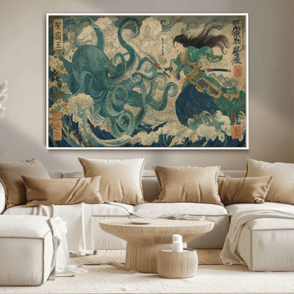 Tsukioka Yoshitoshi Samurai Wall Art Print, Japanese Katana Warrior Canvas Wall Art, Octopus Sea Monster Canvas Print,