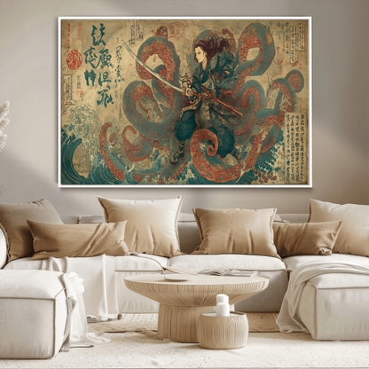 Tsukioka Yoshitoshi Samurai Wall Art Print, Japanese Katana Warrior Canvas Wall Art, Octopus Sea Monster Canvas Print,
