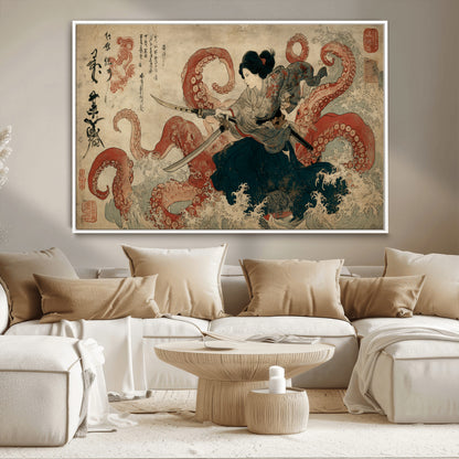 Tsukioka Yoshitoshi Samurai Wall Art Print, Japanese Katana Warrior Canvas Wall Art, Octopus Sea Monster Canvas Print,