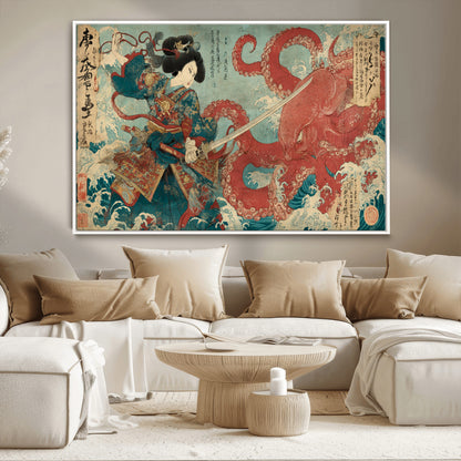 Tsukioka Yoshitoshi Samurai Wall Art Print, Japanese Katana Warrior Canvas Wall Art, Octopus Sea Monster Canvas Print,