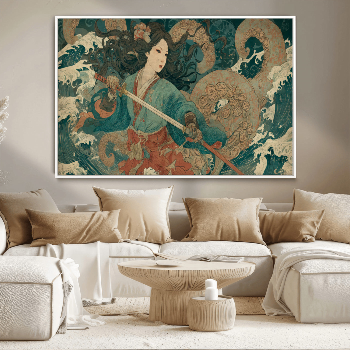 Tsukioka Yoshitoshi Samurai Wall Art Print, Japanese Katana Warrior Canvas Wall Art, Octopus Sea Monster Canvas Print,