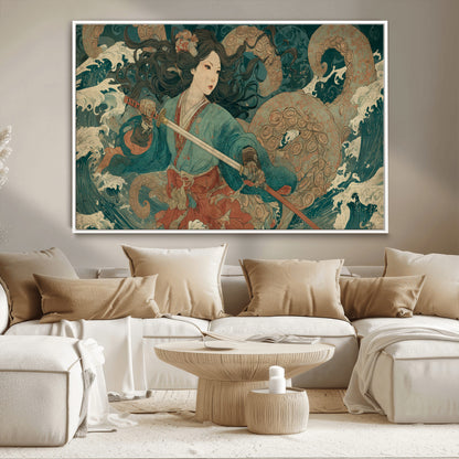 Tsukioka Yoshitoshi Samurai Wall Art Print, Japanese Katana Warrior Canvas Wall Art, Octopus Sea Monster Canvas Print,