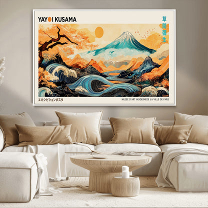 Modern Japanese-style art print featuring a stylized Mount Fuji, flowing waves, and vibrant landscapes in bold colors, inspired by traditional and contemporary aesthetics.