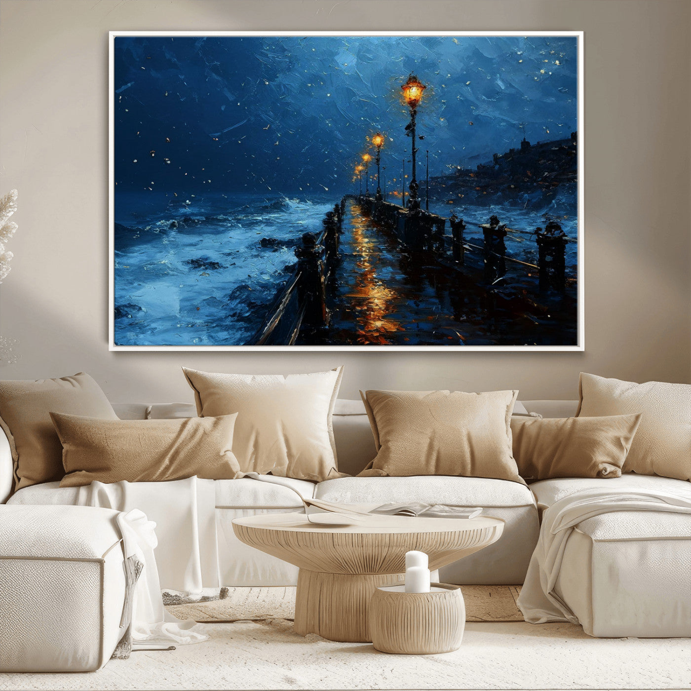 "Impressionistic painting of a rainy pier at night with glowing street lamps reflecting on the wet surface, ocean waves crashing under a dark blue sky."